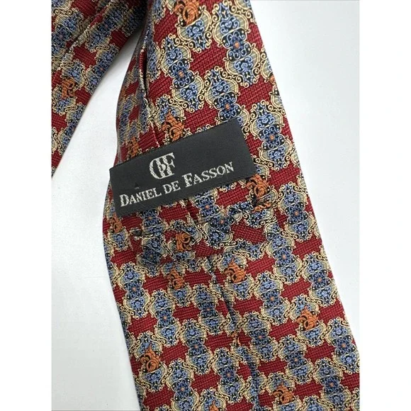 Daniel De Fasson Collection Men's Necktie Tie Silk Handmade Maroon Blue Gold - Picture 5 of 7